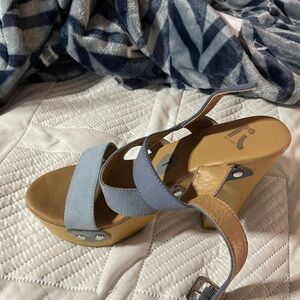 Stylish Blue and Tan Wedge Sandals
